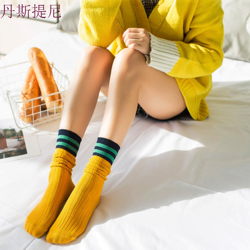 3双堆堆袜女春夏韩国日系中筒袜学院风二杠条纹长袜短靴袜纯棉