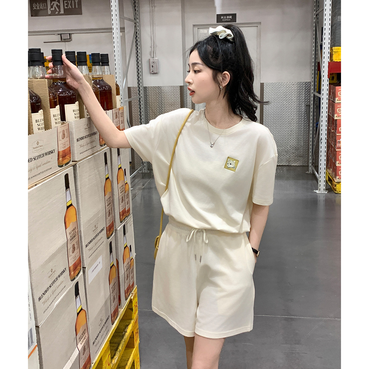 2024夏季女学院风圆领短袖T恤短裤套装宽松休闲百搭韩版_6323 M 米白