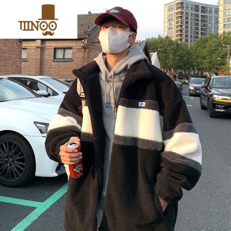 YANXU羔绒棉衣外套男ins潮牌加厚立领棉袄2023新款冬装情侣棉服 3XL 5206黑色