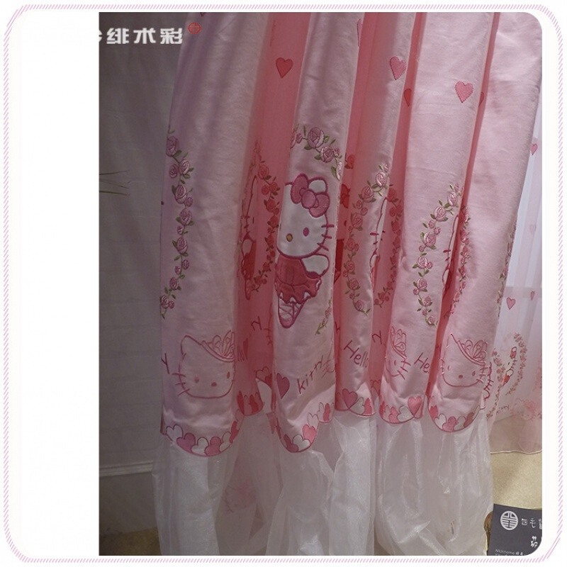 FSC绯术彩进口粉色KT公主风窗帘hellokitty女孩房绣花凯蒂猫窗纱