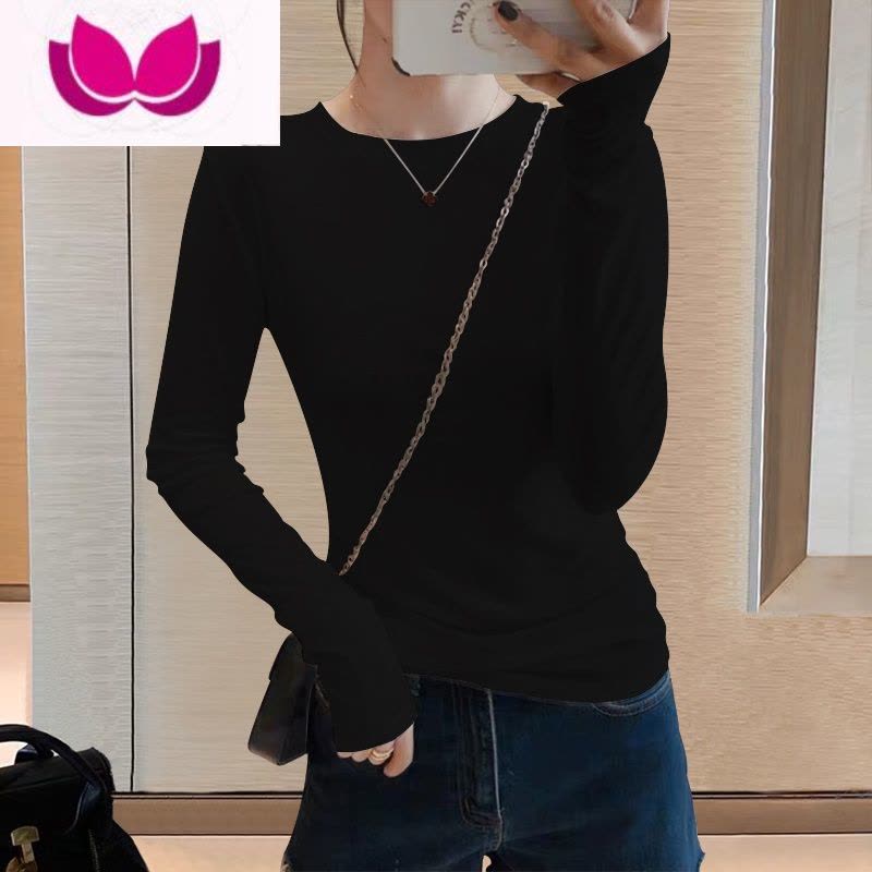 七斓早春白色长袖t恤女2023年新款漂亮纯色圆领上衣欧货修身打底衫ins图片