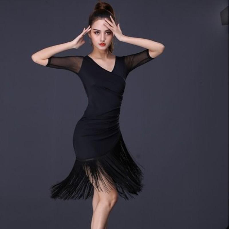 拉丁舞服装成人女连衣裙性感新款成年春夏款流苏裙训练舞蹈练功服黑色