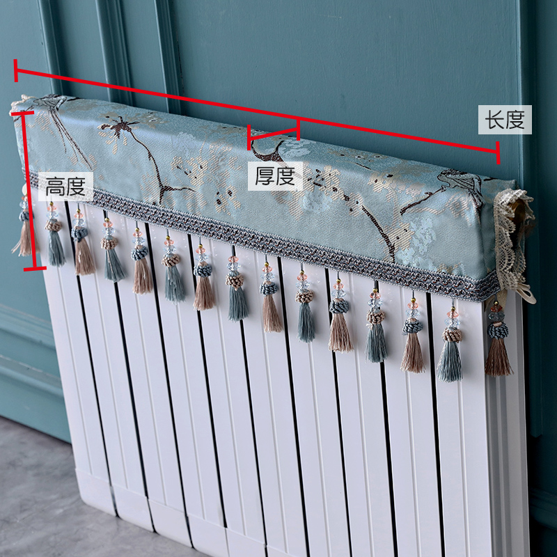 欧式家用暖气片装饰防尘罩新中式防熏黑墙老式布艺暖气罩布艺盖巾 芳华蓝色 长60cm*厚度10cm*高度(含穗)20cm高清大图