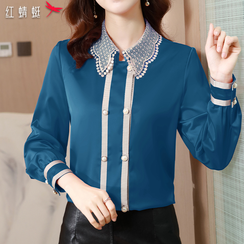 红蜻蜓设计感时尚衬衣蕾丝撞色拼接长袖上衣女衬衫女春秋冬款