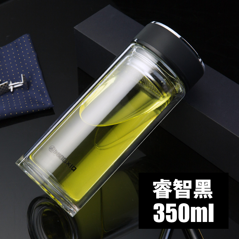 家柏饰(CORATED)玻璃杯双层便携水杯车载过滤男茶杯带盖家用杯子大容量500ml 350ml黑色