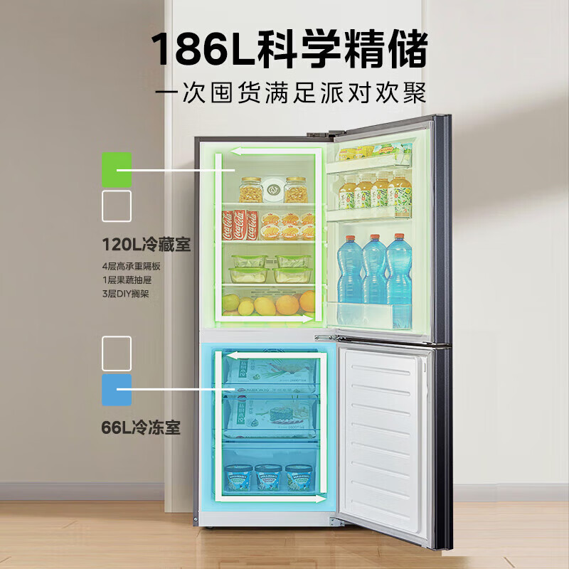 美的186升大容量冷藏冷冻保鲜节能无霜家用双门冰箱BCD-186WMA高清大图