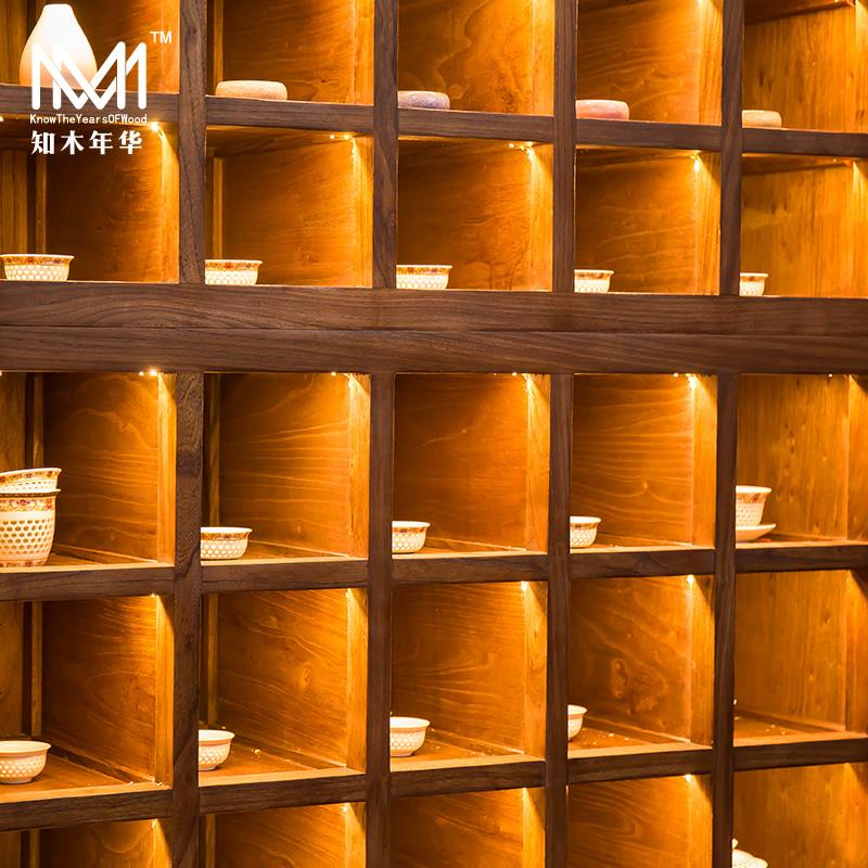 新中式老榆木展柜书柜组合茶叶展示柜禅意实木黑胡桃木茶室陈列柜高清大图