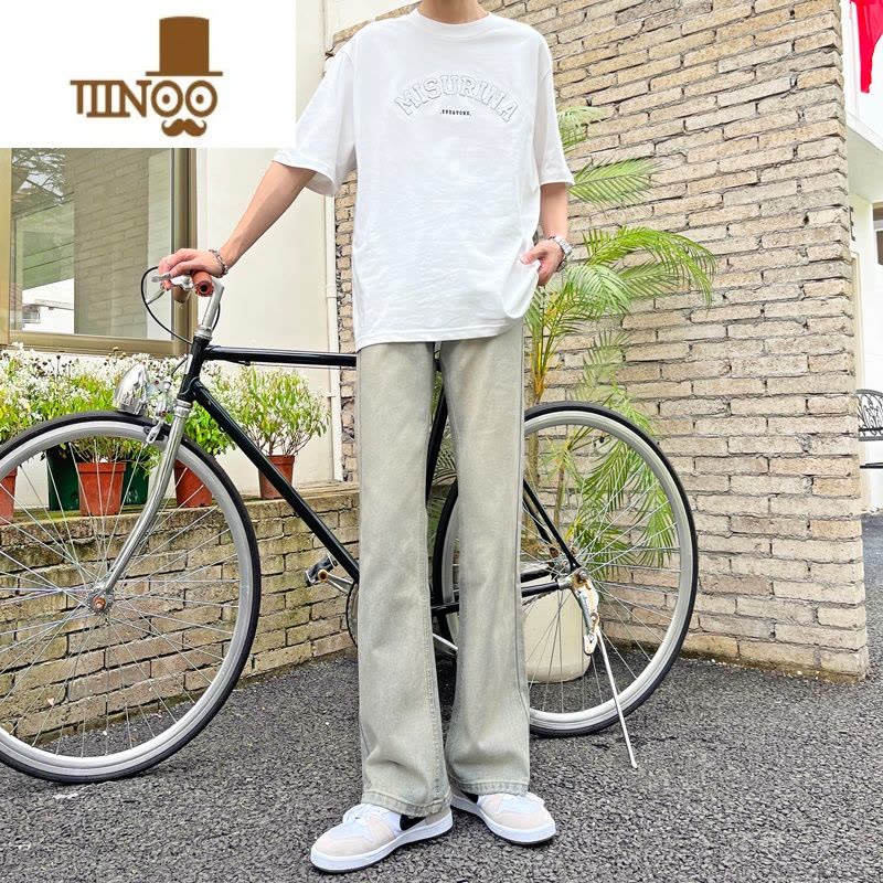 YANXU黄泥色微喇牛仔长裤男宽松直筒夏季垂感裤子男休闲百搭拖地阔腿裤图片