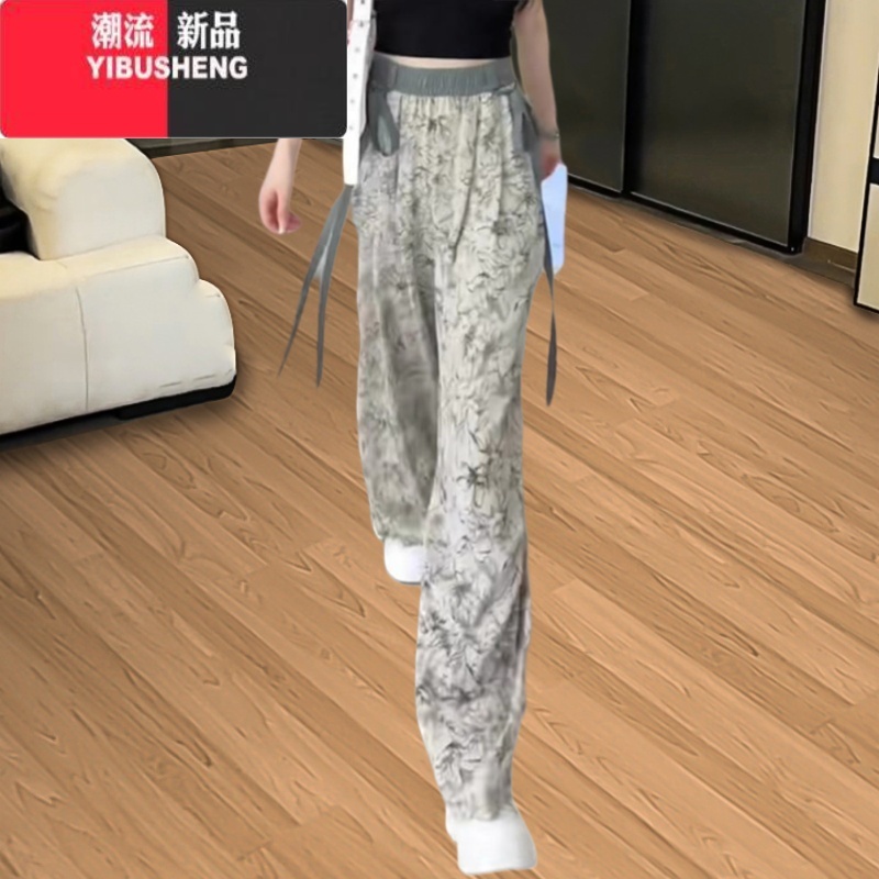 YIBUSHENG新中式国风冰丝雪纺阔腿裤女季薄款水墨画大码休闲裤垂感碎花裤高清大图