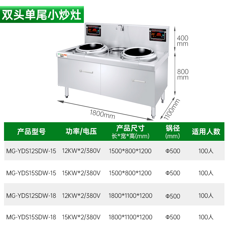 意黛斯(YIDAISI)大锅灶商用 食堂厨房大功率电磁小炒炉电磁灶MG-YDS12SDW-18双头单尾小炒12kW304