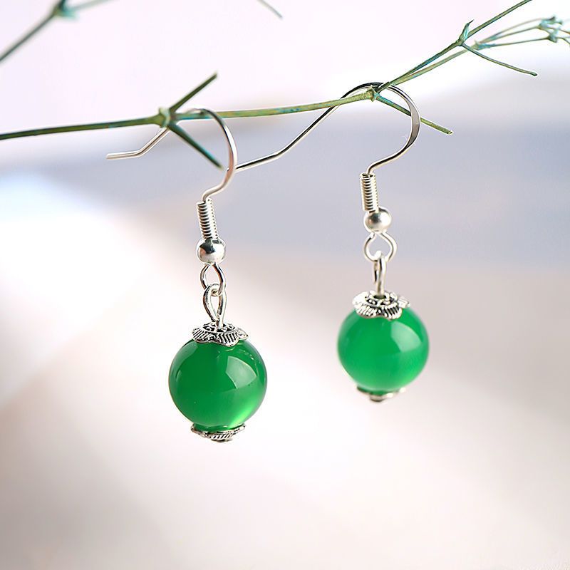 绿玛瑙耳环印象眸玛瑙圆珠耳环女款玉髓耳环简约时尚女款菠菜绿合金