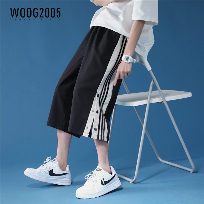 WOOG2005夏季薄款男士休闲裤潮流运动七分裤短裤宽松直筒排扣裤子
