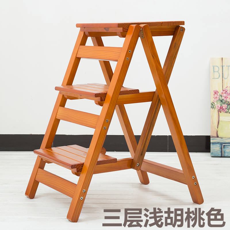 家用梯子室内多功能折叠梯实木加厚登高三步人字梯小楼梯两用梯椅 三维工匠 三层折叠梯浅胡桃色高清大图