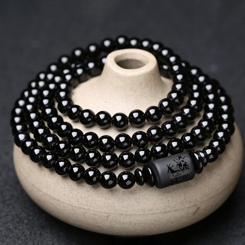 龙凤呈祥乌金黑曜石男女情侣款龙凤图腾手链多圈磨砂佛珠手串龙图腾黑