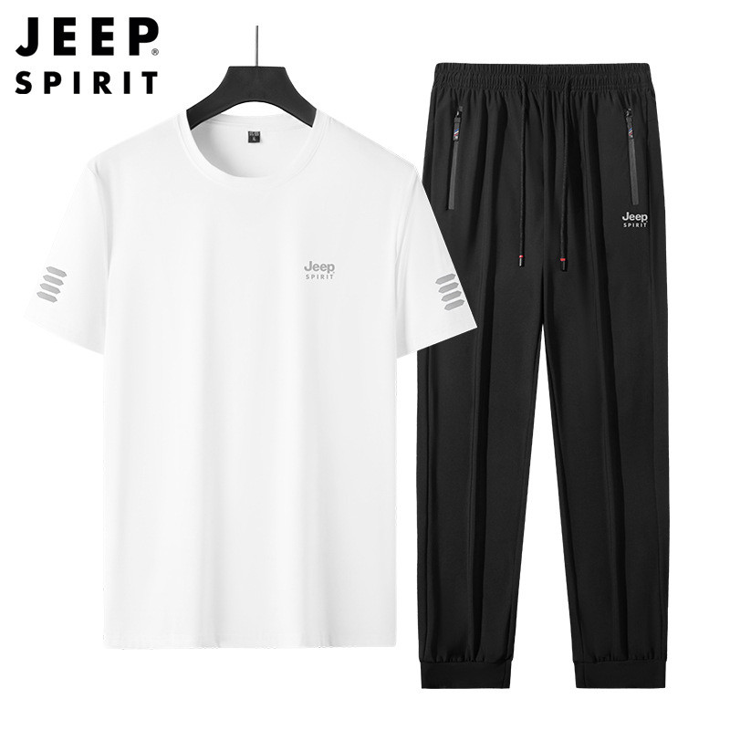JEEP吉普男装套装束口短袖T恤长裤两件套运动服夏季宽松冰丝