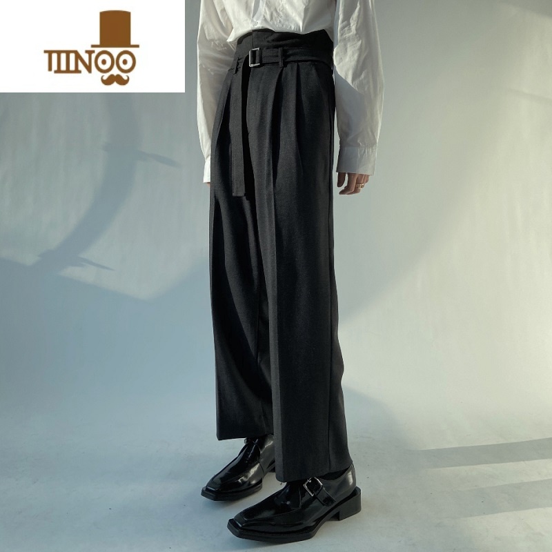 YANXU黑色高腰设计感韩版西装裤直筒宽松阔腿休闲裤垂坠感免烫男士裤子高清大图