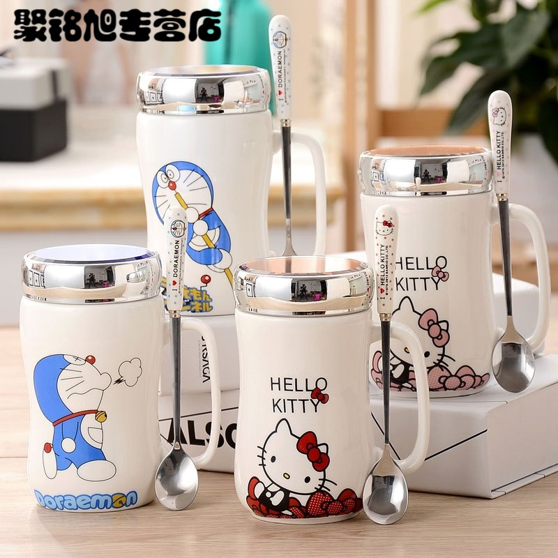 450ML时尚创意生活日用水具水杯卡通可爱创意马克杯陶瓷杯子带盖带勺大容量办公情侣水杯杯子家家庭杯子