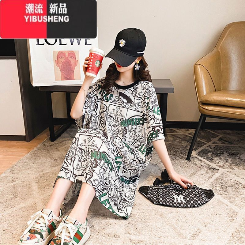 YIBUSHENG特大码2-300斤网眼速干短袖T恤裙子女2024季新款宽松过膝连衣裙