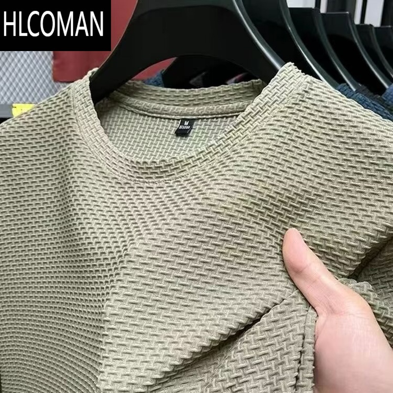 HLCOMAN男士冰丝网眼体恤夏季薄款透气短袖圆领T恤衫宽松纯色上衣服