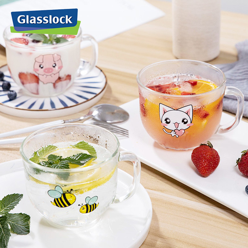 Glasslock进口玻璃杯卡通动物图案带把早餐杯酸奶杯果汁杯牛奶杯高清大图