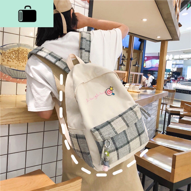 古着感少女书包女韩版高中ins风大学生校园背包格子双肩包女森系NEW LAKE高清大图