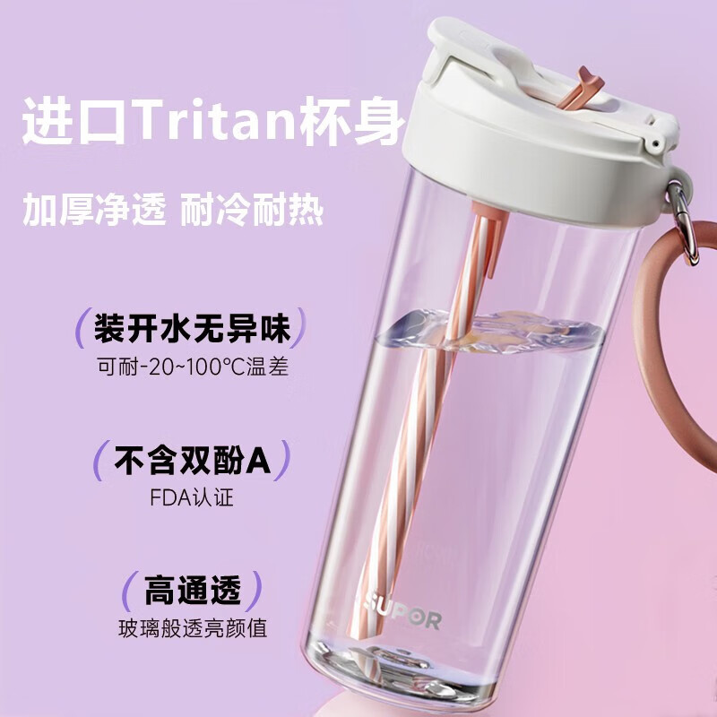 苏泊尔(SUPOR)塑料水杯一盖双饮杯吸管杯大容量便携随手杯子冷水杯凉水杯KCP65JT10