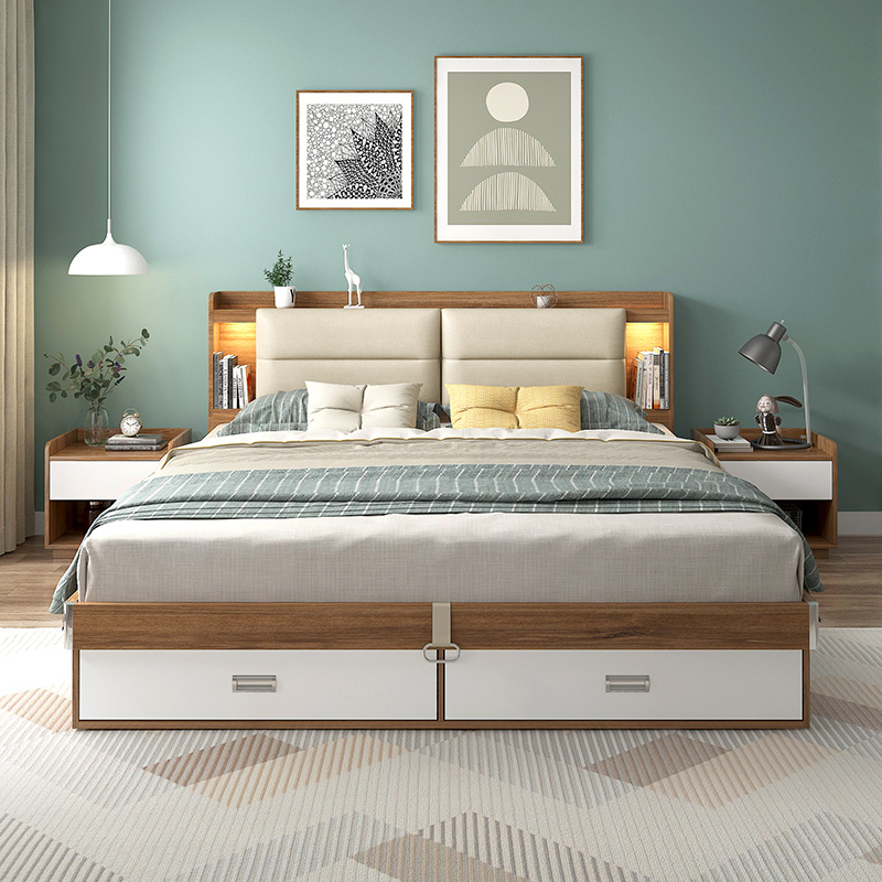 双人床现代简约小户型带灯抽屉式收纳储物箱体床榻榻米落地板式床