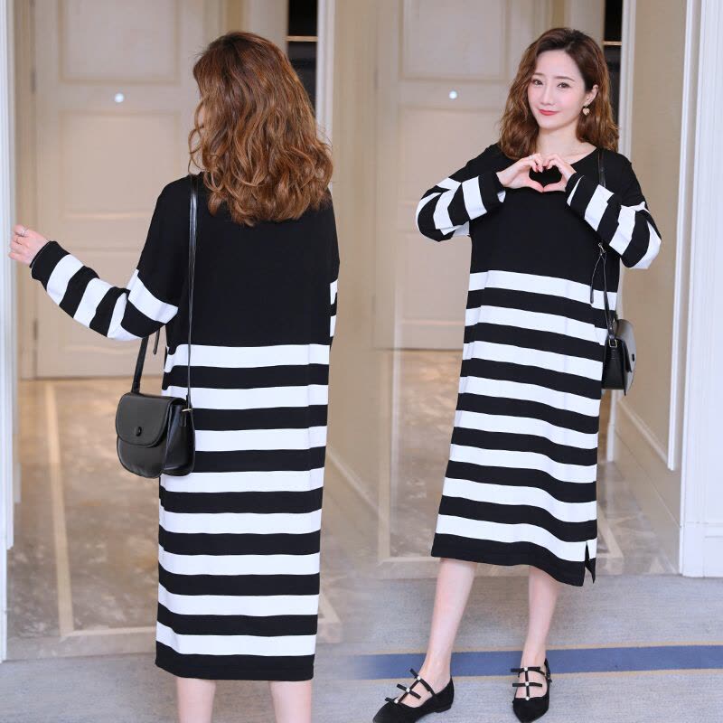 迪鲁奥(DILUAO)孕妇装2021春秋韩版针织条纹宽松孕妇连衣裙休闲中长款外出孕妇裙 黑色 均码图片