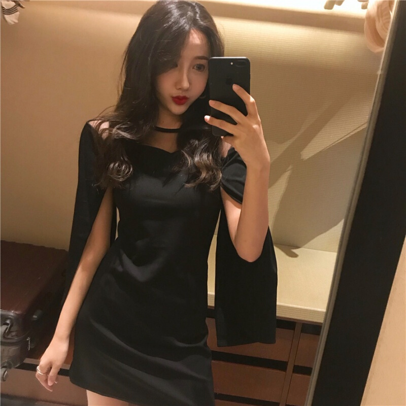 春夏新款透视网纱斗篷连衣裙性感夜店女装赫本小黑裙中长款裙子 黑色网纱裙 均码