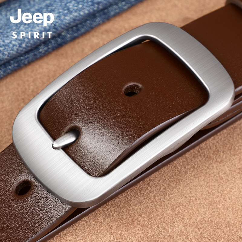 Jeep吉普头层纯牛皮腰带男休闲手工皮带男真皮针扣正品复古裤层扣高清大图