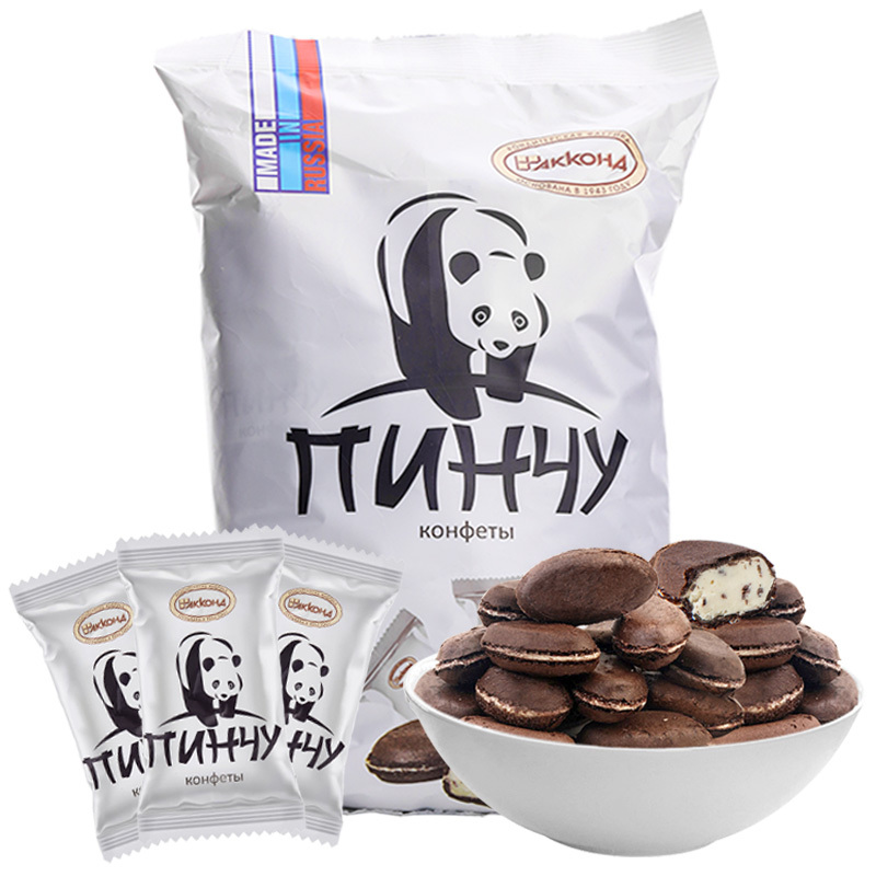 阿孔特俄罗斯熊猫糖马卡龙夹心进口原装奶酥休闲零食品喜糖果500g视频