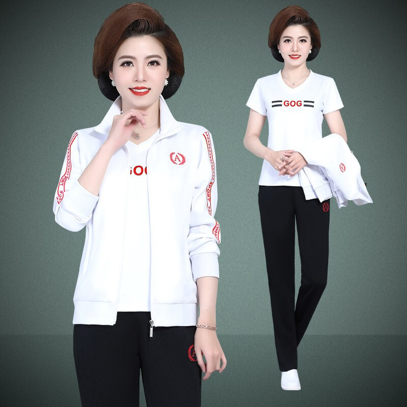 均妮品牌2021新款运动套装女中老年人春秋新款大码宽松中年妇女卫衣休闲妈妈运动服套装长袖棉三件套
