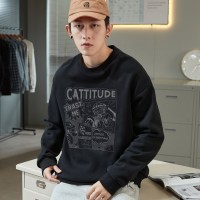 唐狮春秋季新款卫衣男无帽圆领宽松加菲猫联名设计感小众潮牌