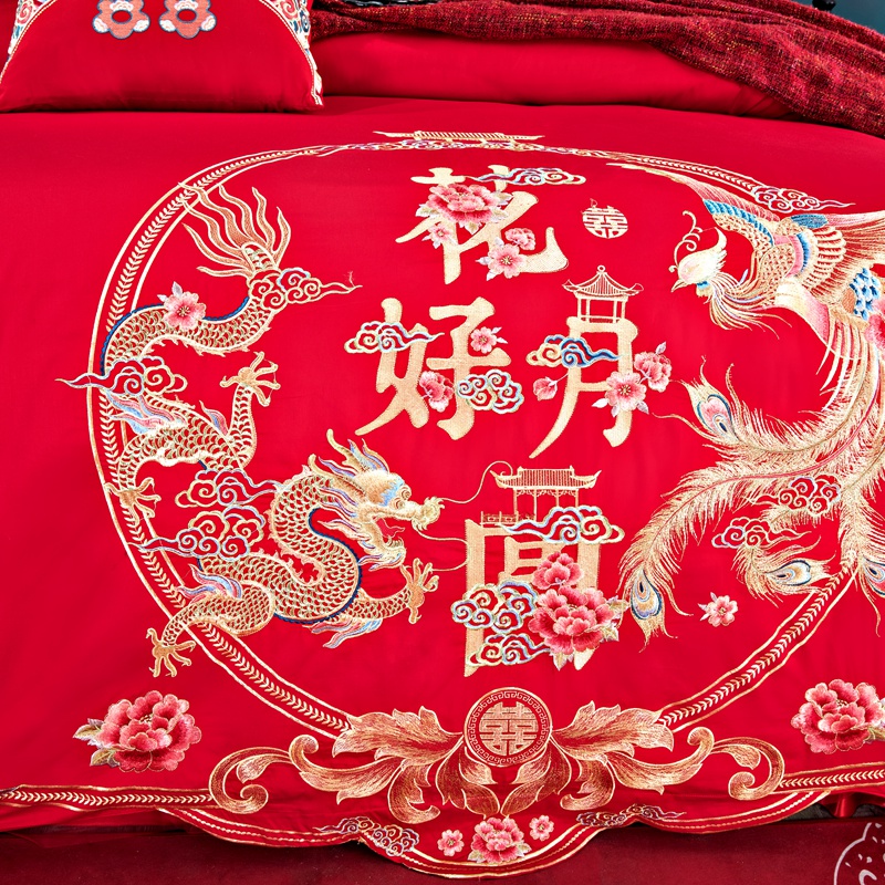 美帮汇四件套全棉全棉结婚用 婚庆床单被套 大中式龙凤新婚婚礼刺绣高清大图