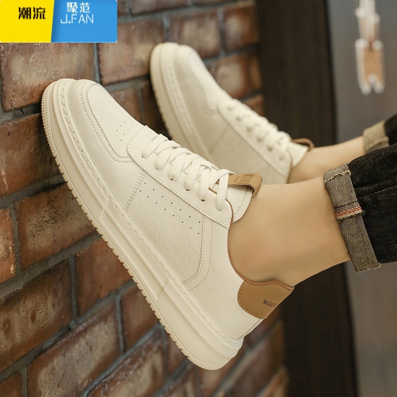 聚范纯白男鞋2024新款夏季透气厚底运动休闲板鞋男士百搭皮面小白潮鞋高清大图