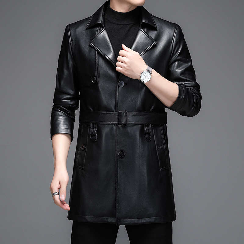 春秋季海宁真皮皮衣男士中长款风衣西装领中青年潮流真皮外套2023新款海宁真皮中长款真皮皮衣男士真皮风衣翻领男士春装高清大图
