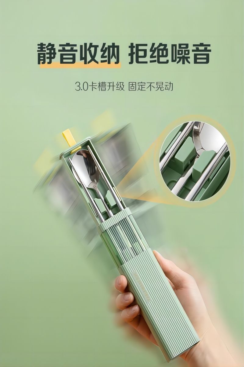 双枪筷子勺子套装便携筷餐具学生抗菌不锈钢筷勺子套装餐具收纳盒高清大图