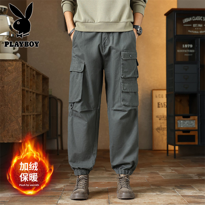 花花公子新款2025冬季新款潮男美式复古宽松束口百搭加绒工装裤8702-2加绒款高清大图