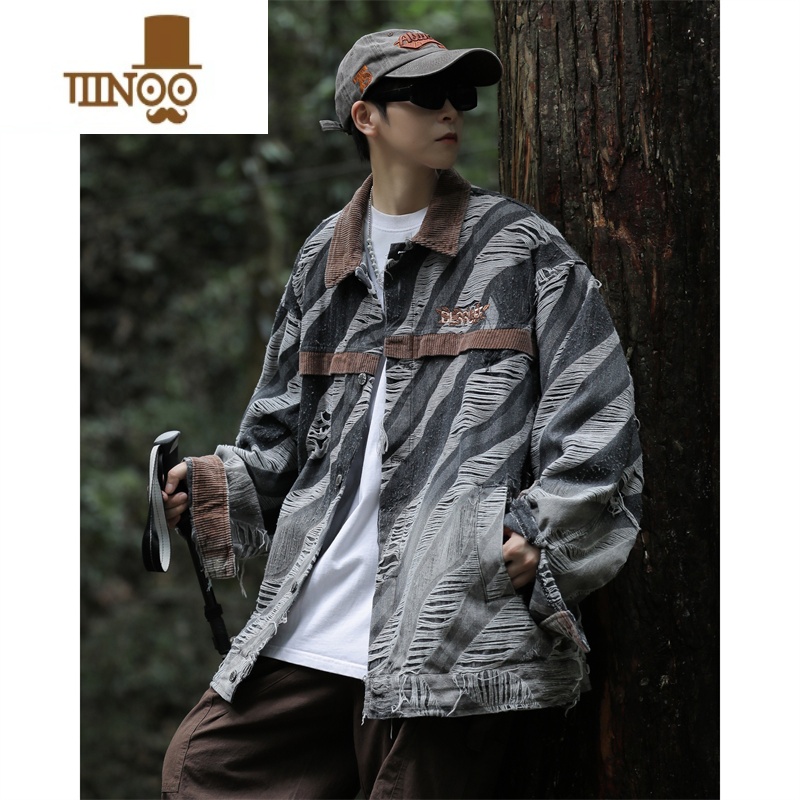 YANXU高街美式渐变色破坏感牛仔外套男拼色设计感小众百搭长袖夹克男生高清大图