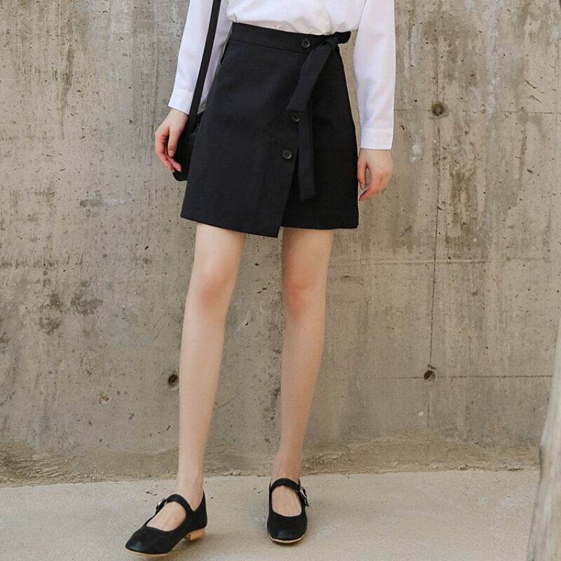 港味复古一片式半身裙女2018夏新款chic高腰显瘦学生不规则A字裙