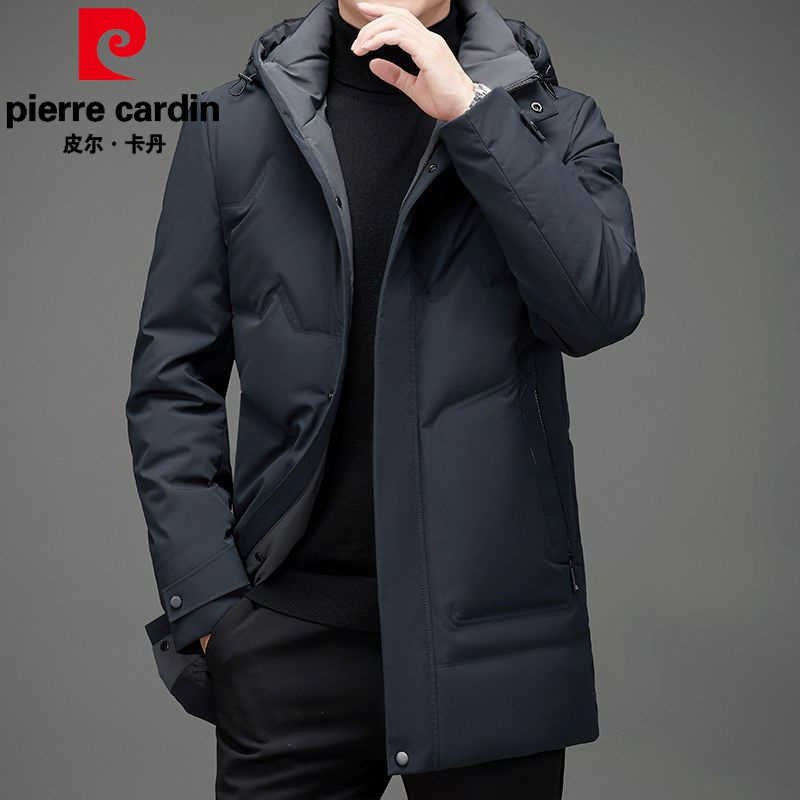 皮尔卡丹2022新款羽绒服男中青年连帽灰鸭绒外套中长款纯色秋冬高档上衣