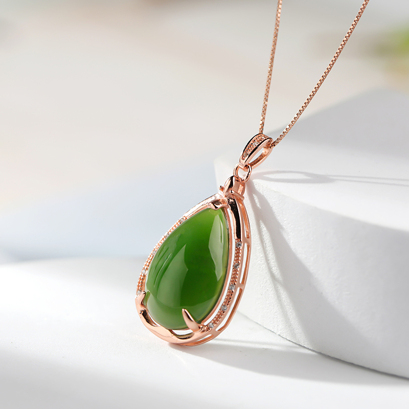 印象眸s925银镶和田玉吊坠银镀玫瑰金镶碧玉水滴形女款玉石吊坠附送