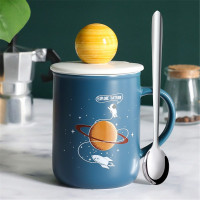 贝瑟斯 星空陶瓷马克杯带盖勺大容量宇航员情侣水杯创意立体咖啡杯