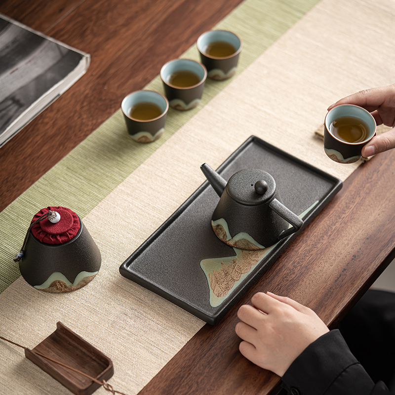 苏氏陶瓷 SUSHI CERAMICS 手绘彩画整套茶具山形画茶壶茶杯子配干泡茶盘小茶叶罐7件功夫茶具套装礼盒装
