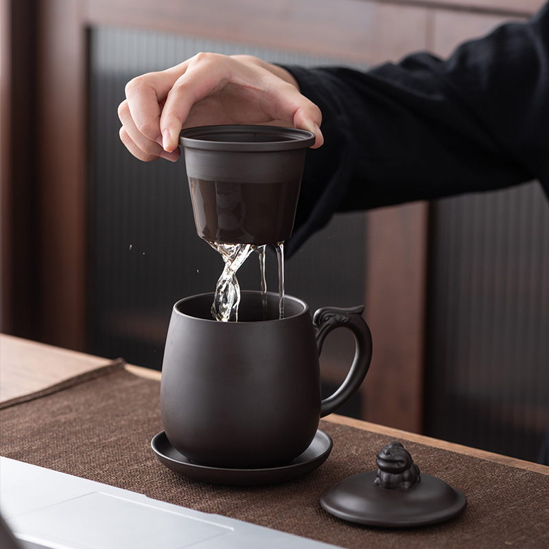 高档原矿紫砂茶杯泡茶内胆过滤办公茶杯轻奢宜兴手工礼盒礼品-紫砂貔貅杯-礼盒精装高清大图