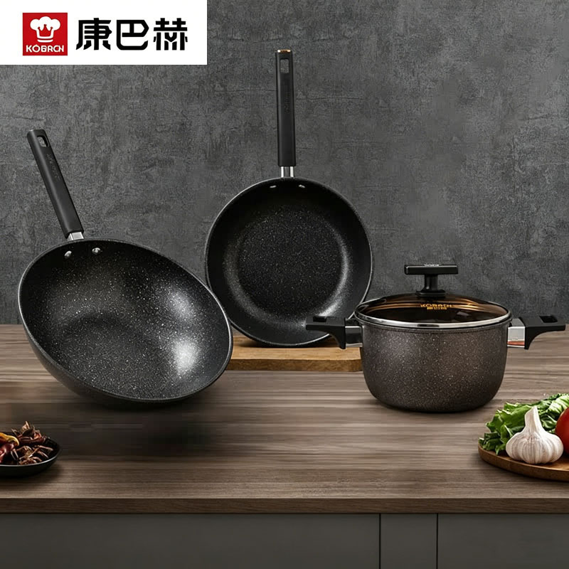 康巴赫(KOBACH)锅具套装(炒锅+煎锅+汤锅)麦饭石色三件套(单位: 三件套)