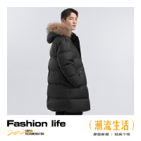 GXG男装2020年冬季黑色连帽长款羽绒服男大毛领外套白鸭绒潮