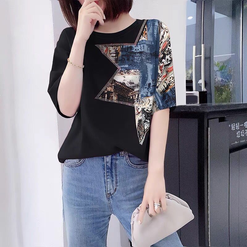 夏季女2021年新款欧货潮黑色短袖t恤洋气休闲印花时尚上衣