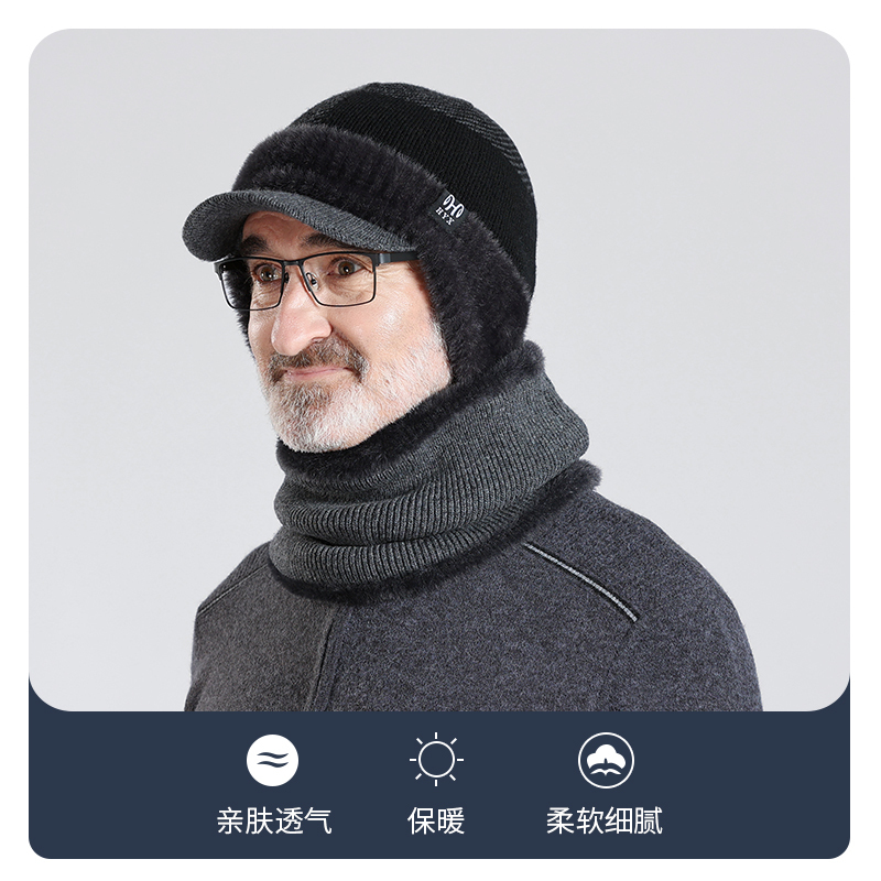 恒源祥帽子男士冬天老年人骑车防风护耳羊毛帽保暖防寒毛线针织帽