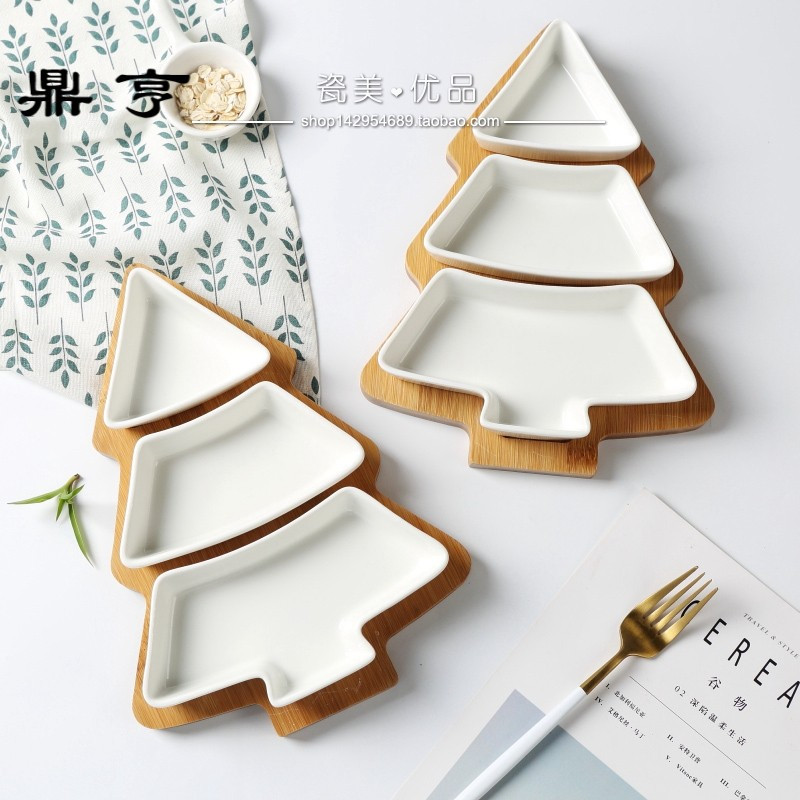鼎亨景德镇陶瓷竹木圣诞树托盘点心零食盘小吃水果盘碟子餐具沙拉